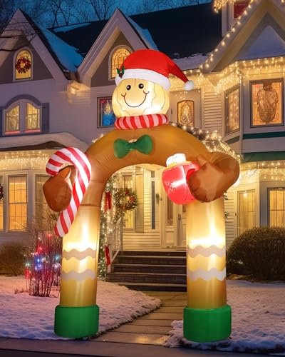 BLOOMWIN Aufblasbare Weihnachtsdeko Aussen Bögen - 2.9M Lebkuchenmann Aufblasbar mit LED Licht, Lebkuchenmännchen Weihnachtsdeko Aufblasbar für Gartendeko Saisonale Lebkuchen Deko Weihnachten Outdoor