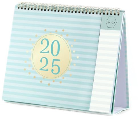 Tischkalender 2025-2026 - Desktop-Kalender 2025-2026 von Juli 2025 bis Dezember 2026, Laufende wöchentliche Memo-Seite, 25,3 x 20,5 x 7,8 cm, Heimstudium, Büro, blaue Streifen