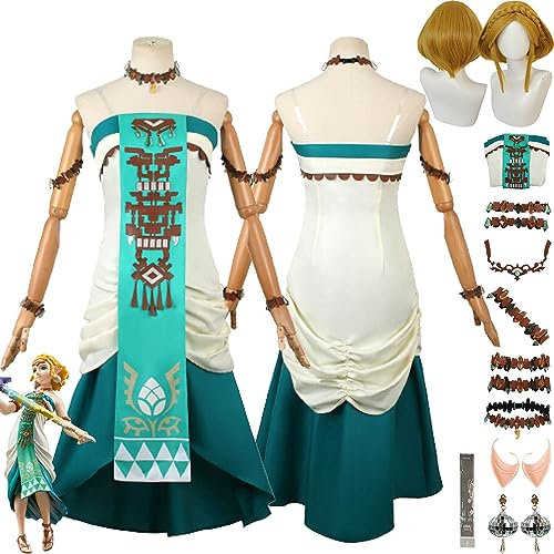 Tjmiaohao Game Tears of the Kingdom Zelda Prinzessin Cosplay Kostüm Outfit Uniform Kleider Komplettes Set Halloween Dress Up Anzug mit falschen Ohrringen Perücke für Frauen Mädchen (XXXL)