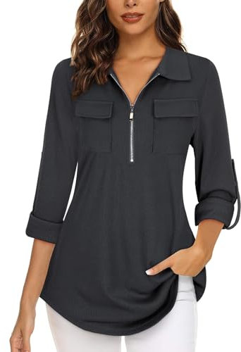 Gemulate Plus Size Clothing for Women Blouses & Shirts Ladies Tops Casual Long Sleeve Tops Womens Shirt 3/4 Length Sleeve Tunic T Shirts Blouse -Dark Grey, XXXL