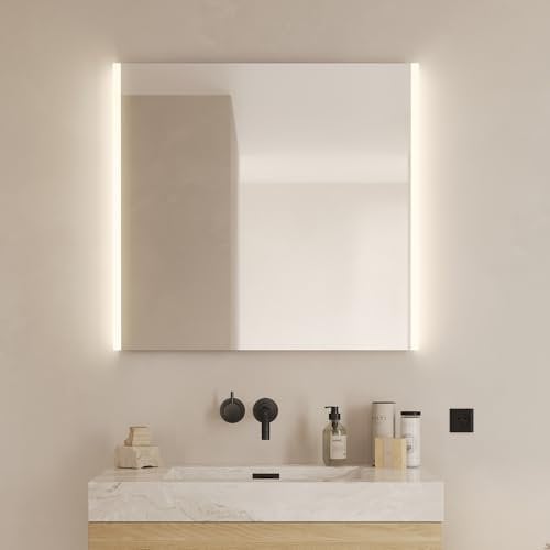 Loevschall Lago Badspiegel mit Beleuchtung, 80x75 cm, modernes Design, LED-Badspiegel mit Front- und Hintergrundbeleuchtung, Lichtqualität CRI 95 für Natürliche Farben, IP44-zertifiziert, Hohe Lumen