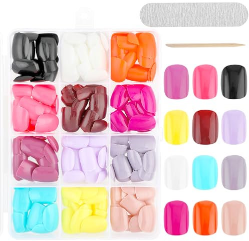Amabro Lot de 12 paquets de 288 faux ongles courts ronds à presser - Couverture complète - Ongles courts avec lime à ongles (brillants)