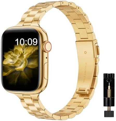 MaEiol Cinturino Metallo per Apple Watch 49mm 45mm 44mm 42mm /Series 10 46mm per Uomini Donne, Cinturino Acciaio Inossidabile Sottile per Apple Watch Ultra2/SE/Serie 10 9 8 7 6 5 4 3 2 1, Oro