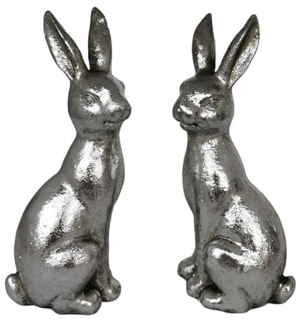 Goldbach 2er Set Hase 18cm groß Silber Polyresin Ostern Figur sitzend Osterhase hockend modern Dekofigur Osterdeko