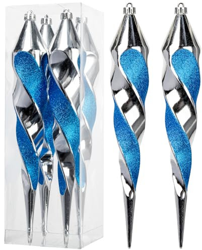 Hollyone 4PCS Swirl Icicle Christmas Baubles, 12''/30cm Blue and Silver Xmas Balls for Tree Decorations, Glitter Finial Long Baubles Christmas Hanging Ornaments for Holiday, Wedding, Garland Decor