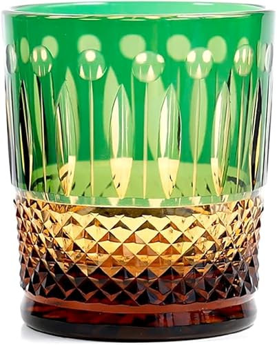 Edo Kiriko Drinking Glass Old Fashioned Crystal Whisky Cup for Vodka Bourbon Hand Cut Design Cocktail Glass with Gift Box 9oz,Green