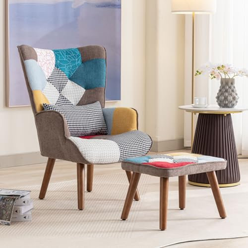 yangchoose Sessel mit Hocker, Patchwork-Ohrensessel mit Fußstütze und Armlehnen, Stoffbezogener Lesesessel, Bunter Hochlehnen-Loungesessel für Wohnzimmer, Retro-Stil für Schlafzimmer, Wohnzimmer Bunt
