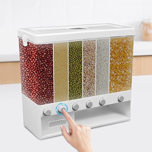 WDRENTOOL Grain Dispenser, Rice Container, 6 Grids, Dry Food Dispenser, Grain Storage Container, One-Click Rice Output, Multi-Grain Tank, Cup, Grain Storage Container for Home Kitchen, 10 kg