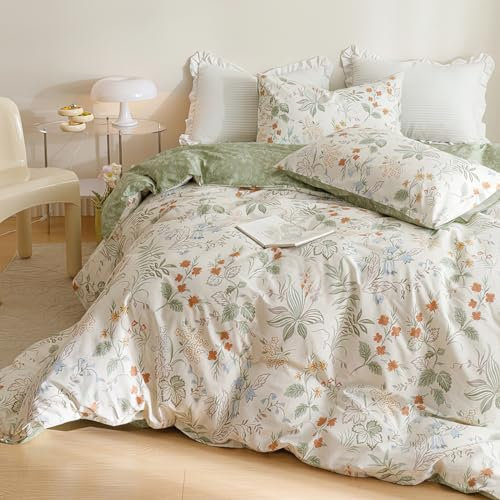 Sedefen Bettwäsche 135x200 4teilig Pflanzen Blumen Muster Grün Weiß Bettwäsche aus Microfaser,Blätter ÖKO-TEX Bettwäsche Set - Bettbezug mit Reißverschluss und 2 Kissenbezug 80x80 cm