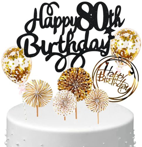 Anlgdi Tortendeko Happy Birthday Deko Kuchen Topper 80. Geburtstag Frau, Cake Topper Happy 80th Birthday Schwarz Gold, Kuchendeko 80 Jahre Torte Kuchen Deko für Geburstagstorte Deko 80. Männer Frauen