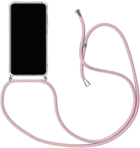 Coque Collier pour Oppo Reno 12 F 5G, Housse pour Smartphone à Porter au Cou - Étui à bandoulière Cordon - Lanyard Case Protection Complète, Étui en Silicone Transparent, Rose