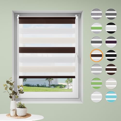 Sanfree Doppelrollo klemmfix ohne Bohren Duo Rollos für Fenster ohne Bohren Weiß-Creme-Braun B80 x H130cm-Stoffbreite 76cm Fensterrollo Klemmrollos für Fenster und Tür Sonnenschutz & Sichtschutz
