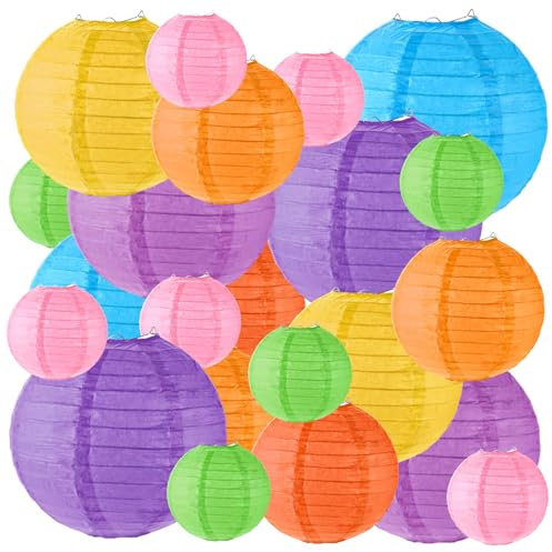 Oungy 28 Pack Colorful Paper Lanterns, 4 6 8 10 Round Paper Lampshades for Ceiling Lights, Hanging Paper Lanterns Decorations, Paper Light Shades Ceiling Outside for Wedding Festival Party Decorat