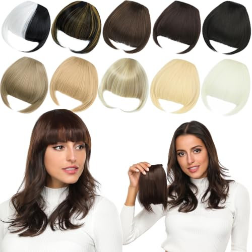 PARXITN Clip in Bangs Clip in Pony Haarverlängerungen Synthetische Flat Bang mit Schläfen Front Face Fringe Pony Haarteile Schwarz Mix Dunkelblond für Frauen Pony Haare