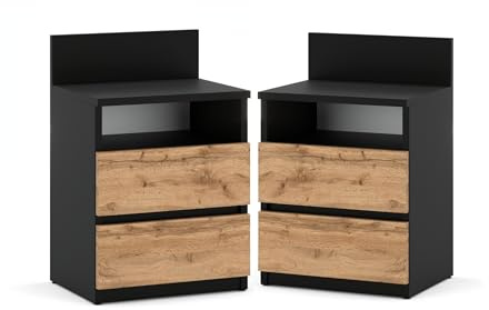 MRBLS_HOME Kommode mit 2 Schubladen - Nachttisch 40x59x32 cm (B/H/T) - Nachttischschrank für Schlafzimmer - Nachtkommode - Beistellschrank - Schlafzimmer Nachtischschränke 2er Set (Schwarz Matt-Wotan)