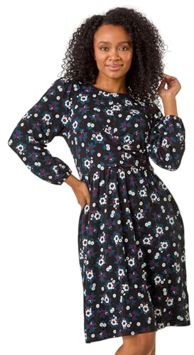 Roman Petite Floral Twist Detail Short Dress for Women UK - Ladies Everyday Autumn Winter Round Neckline Comfy Soft Evening Vacation Work Party Night Out - Petite Teal - Size 14