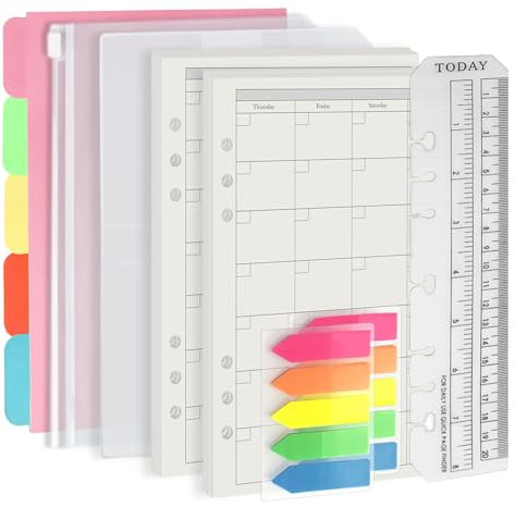Harphia A5 6-Loch-Heftfüllsatz Wertpaket, 90 Blatt Papier mit Aufklebern und Trennern, Planer-Einsätze mit Heft-Taschen für A5 nachfüllbares Notizbuch -Monat