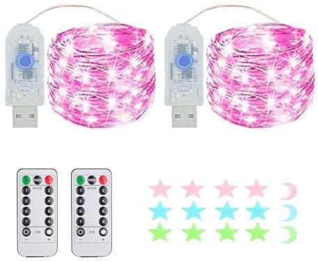 Luci a stringa a LED, 50 LED, funzione timer, 8 modalità Luci a stringa USB impermeabili per esterni/interni con telecomando per camera da letto, cortile, matrimonio, Natale, fai da te, ecc. (Rosa)