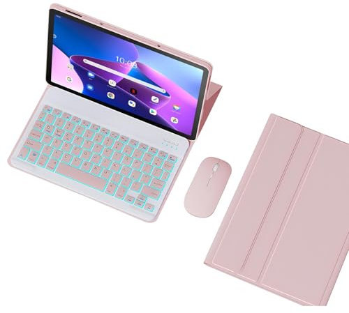 HLTOOP Custodia con Tastiera per Lenovo Tab M10 3a Generazione 10.1 TB328FU, Tastiera Wireless Retroilluminata Staccabile con Cover Protettiva Magnetica, Mouse Ricaricabile,Rosa