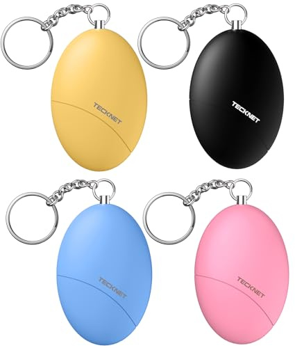 TECKNET Alarme Personnelle Anti‑Agression 4 Pack-Porte‑Clé de Sécurité | 120 dB, Kit d'Auto‑Défense, se Fixe sur Sac à Dos pour Femmes, Enfants et Seniors