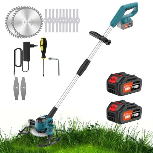 Rasentrimmer mit Akku, 21V Rasenkantenschneider mit 6000mAh Akku, Elektro-Trimmer Gartenkantenfräser mit 3 Arten Klingen für Garten und Hof (Blau mit 2 Akkus)