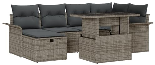 vidaXL 7-teiliges Garten-Sofa-Set mit Kissen in Grau aus Poly Rattan – Anpassbare modulare Outdoor-Möbel für die Terrasse, Lounge-Kollektion