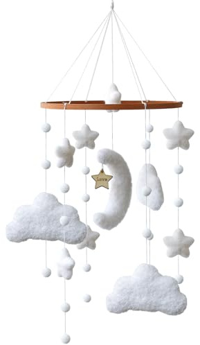 Mobile Babybett Mit Weiß Sternen, Monden und Wolken hängenden Dekorationen Baby Mobile für das Bett Holz Mobile Baby Windspiel,Geschenk für Baby Mädchen oder Jungen