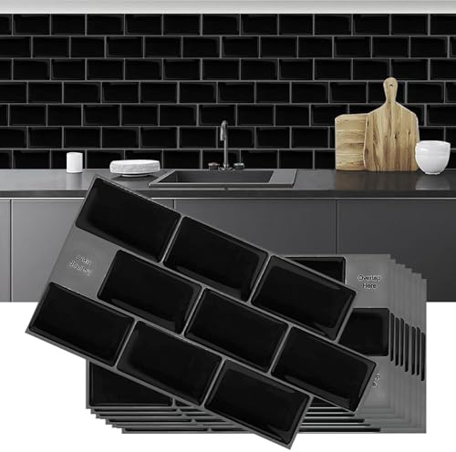 Azulejos Adhesivos Cocina, 10 PCS Vinilos Azulejos, 3D Baldosas Adhesivas Pared, Protector Pared Antisalpicaduras Cocina, para Cocinas y Baño, 30,5 x 15,3 cm (Negro)