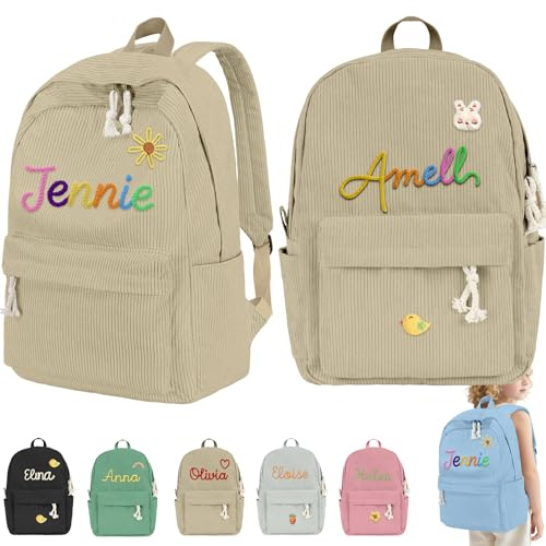 Akmxem Personalisierte Kinder Rucksäcke Cord Kinderrucksack für Mädchen Junge mit Namen Kindergartenrucksack Schulranzen Tasche für Kindergarten Schule Geschenk zum Schulanfang Geburtstag Weihnachten