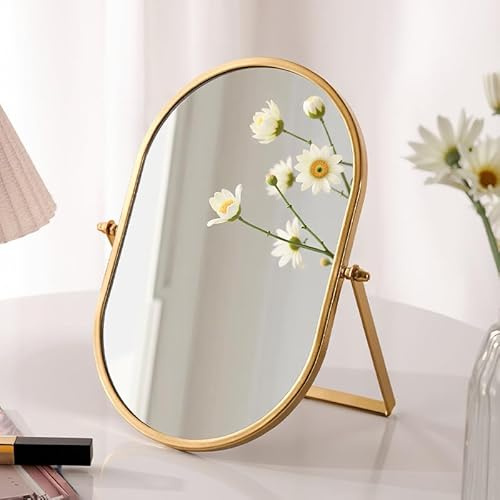 Gosider Makeup Desk Mirror Gold Oval Desktop Mirror with Metal Framed Portable Vanity Table Mirrors 90°Single-Sided High-Definition Countertop Makeup Mirrors for Dresser Living Room Bedroom Office