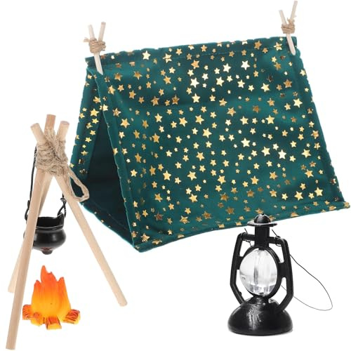 Wichtel Zubehör Set,Miniatur Zubehör Camping Set,Weihnachtselfen Camping Deko,mit Miniatur Zelt,Bündel Brennholz,Lagerfeuer,Tragelampe,Miniatur Deko für 1/12 Puppenhaus Zubehör