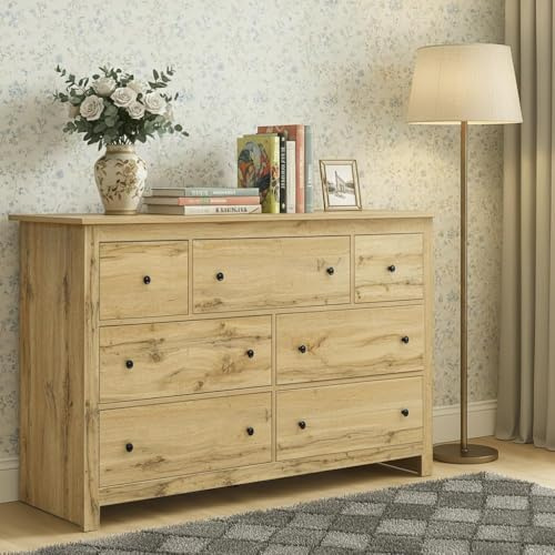 AilZylphera Kommode mit 7 Schubladen, 152cm breit Holz Kommodenschrank Sideboard Kommode Wohnzimmer Esszimmerschrank Anrichte für Eingang, Schlafzimmer und Wohnzimmer, 152x40x89cm (Holzfarbe)