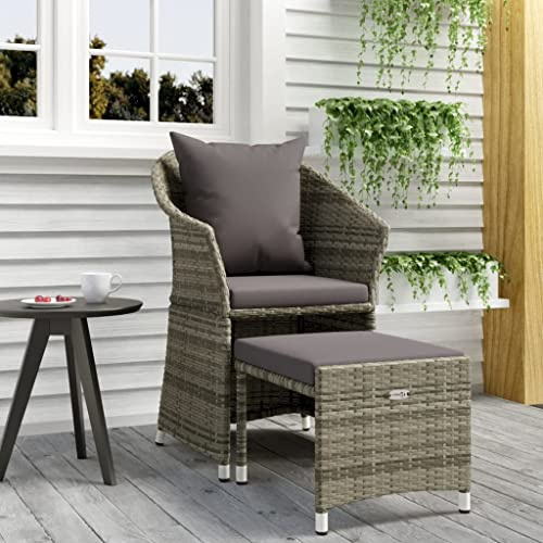 QJBSAVVA 2-TLG. Garten-Set grau Poly-Rattan, abnehmbare Kissen, Stahlgestell, Hocker 42x43x36 cm, Stuhl 65x54x84 cm