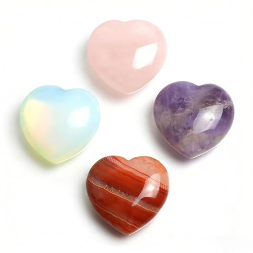 Ruispeed 4er Set Herz-Heilsteine – Pierres Naturelles polies en Forme de cœur en améthyste, Quartz Rose, Opale & Agate, idéales pour la méditation, Le Reiki et comme Cadeau pour Les Femmes
