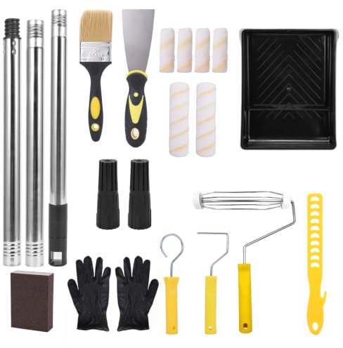 19 er Pack Teilige Farbroller Set mit Edelstahl Verlängerungsstange, Mikrofaser Rollen & Farbwanne Ideal für Wand, Decke, Tür und Zierleisten Inklusive Pinsel, Schaber und Handschuhe