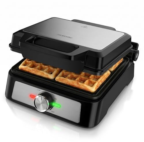 Arendo - Waffeleisen doppelt für belgische Waffeln - mit Bräunungsgradeinstellung – 1600 Watt – quadratisches Waffeleisen – Kontrollleuchten – Antihaftbeschichtung – schwarz silbernes Design