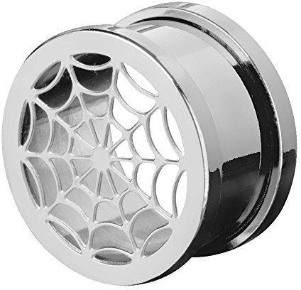 Piercingfaktor Ohr Plug Flesh Tunnel Piercing Ohrpiercing Edelstahl mit Spinnennetz Silber 16mm