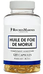 Roches Marines - Complément alimentaire Huile de foie de morue - Apport en oméga 3, vitamines A et D - Immunité - Bonne solidité des os - 120 capsules - Développé en France