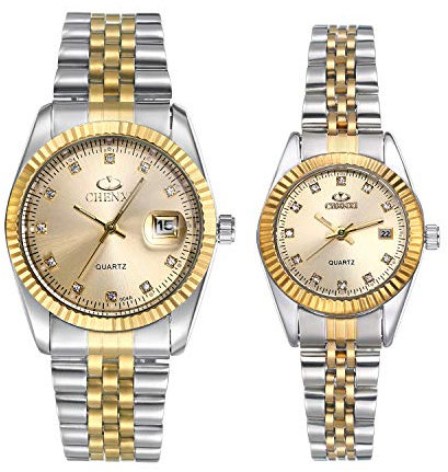 JewelryWe 2pcs Paar Uhr Analog Quarz Kalender 30M Wasserdicht Partner Armbanduhr Edelstahl Armband Herren Damen Uhren mit Gold Strass Zifferblatt