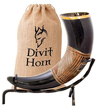 Corne à boire Viking avec support en fer véritable Divit | Ornements en laiton et sac-cadeau en toile de jute inclus | Corne de 13 ’’ et capacité de 16 oz (400 ml) | L'original. (Jarl, Polished)