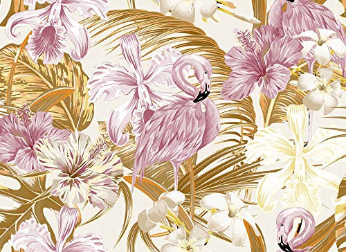 Livingwalls Fototapete Designwalls Vliestapete Flamingo Art Tapete mit Blumen in Braun, Gold, Orange, Rosa, Schwarz, Weiß 350 x 255 cm XXL Wandtapete Wandbild 118566