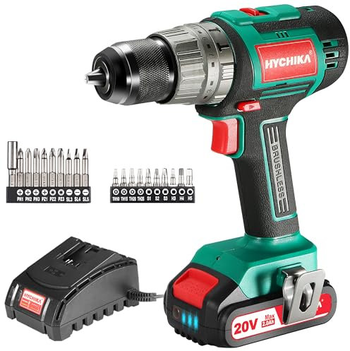 Cordless Drill 20V Max, HYCHIKA Brushless Drill Max Torque 530 In-lbs, 2.0 AH Battery 1H Fast Charger, 21+3 Torque Setting 1/2 Automatic Chuck, 20pcs Drill Bit Set for Home Improvement & DIY Project
