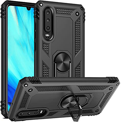 Fetrim Hülle für Huawei P30, doppellagig stoßfest Schutzhülle mit Drehring Ständer für Huawei P30 Schwarz