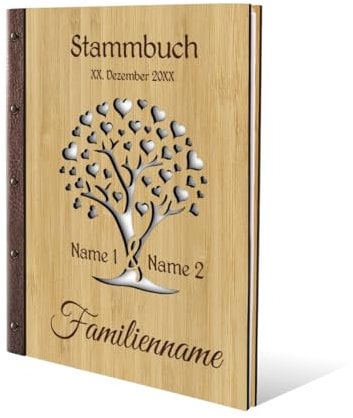 Kartenmachen.de Familien Stammbuch Bambus mit Lederrücken Holzcover mit individueller Gravur inkl. Extras DIN A4 hoch 240x310mm - Herzbaum