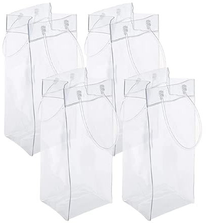 Lot de 4 Sac de Vin de Glace Transparent Pliable Pochette Glacière à Vin avec poignée de transport pour Champagne Bière Froide Vin Blanc Boissons Réfrigérées