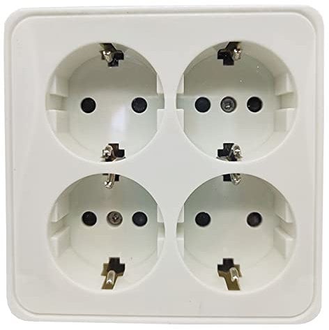 Tradineur - Ladrón cuadrado blanco con 4 conectores 16 A - 250 V, protección infantil, adaptador con enchufe, regleta pared, 10 x 4 x 10 cm