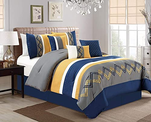 Chezmoi Collection Arden Bettwäsche-Set, 7-teilig, modern, plissiert, gestreift, Bestickt, Zick-Zack-Bettwäsche-Set (California King, Marineblau/Grau/Gelb/Weiß)
