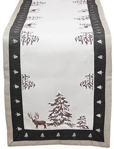 Weihnachten - Winter - Hirsch Stickerei Leinenoptik Polyester Tischläufer ca. 43 x 169 cm, Grau - Weiß