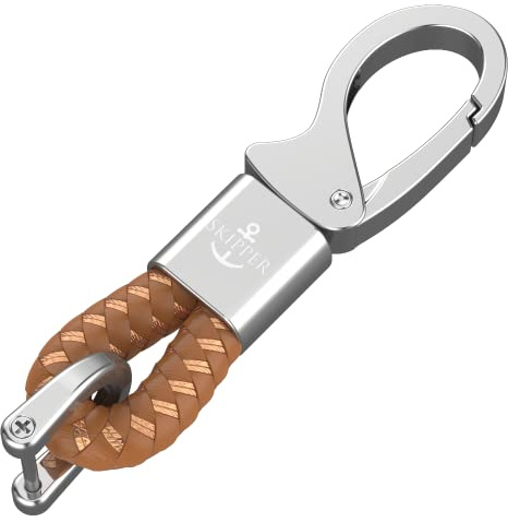 Skipper D-Clip Karabiner Schlüsselanhänger aus Leder Imitat Geschenk für Frau Mann Freund Schlüsselbund Auto Boot Silber 8860