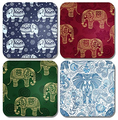 4 x Square Indian Elephants Coasters - Pattern Animal Art Colourful Set Theme Gift #78370